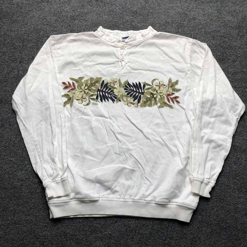 Crazy Shirts Sweatshirt Womens XS White Henley Hawaiian Floral Graphic Made USA
